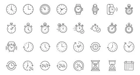 Time line icons set. Timer, alarm clock, wristwatch, smart watch, hourglass Illustrazione stock