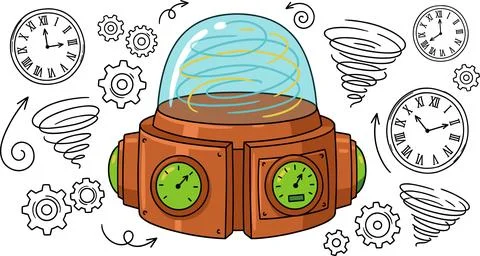 Time Machine Doodle Illustration with Clocks and Gears. Stock Illustration