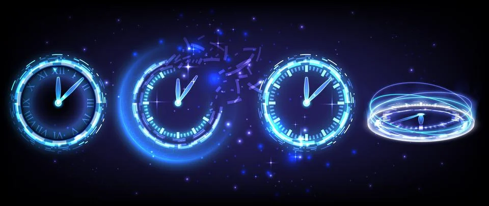 Time machine, fade, timer and deadline. Sci-fi hi-tech collection in glowing  Stock Illustration