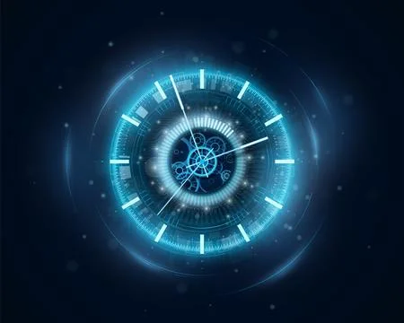 Time machine. Neon clock. Watch dial. Abstract future timepiece face with modern Stock Illustration