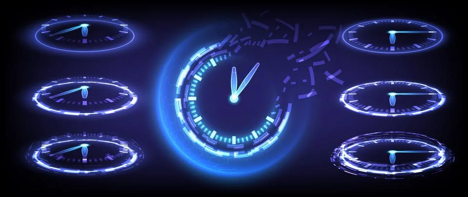 Time machine, timer and deadline. Sci-fi digital high-tech collection in glow イラスト素材
