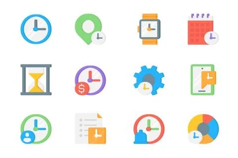 Time management 3d icons set. Pack flat pictograms of clock, location pin, .. Illustrazione stock