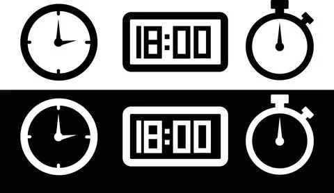 Time management and clock icon set featuring digital and analog designs. Ilustración de archivo