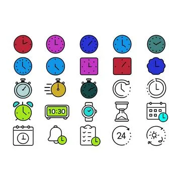 Time Management and Clock Vector Icon Set Stock Illustration