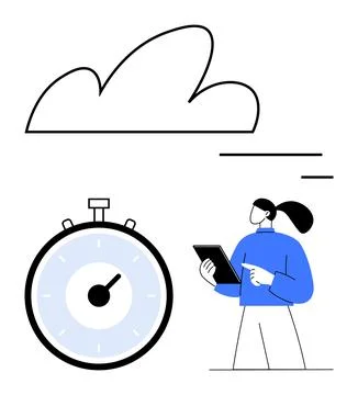 Time Management and Cloud Technology Concept - Clock, Tablet User, and Clou.. Illustrazione stock
