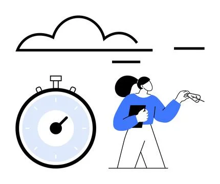 Time Management and Cloud Technology Concept with Clock and Person Holding .. Illustrazione stock