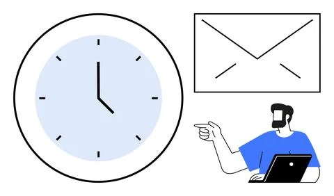 Time Management and Communication in the Workplace with Clock, Email, and E.. Stock Illustration
