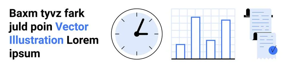 Time Management and Data Analysis Concept with Clock, Bar Chart, and Document Illustrazione stock