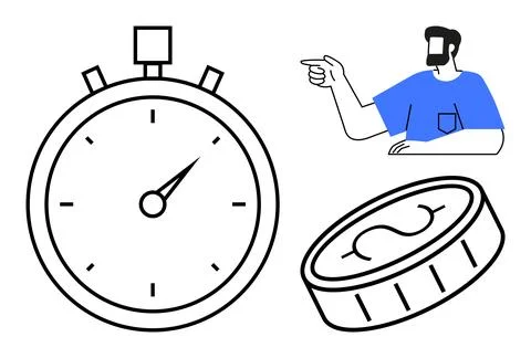 Time Management and Decision-Making Concept with Stopwatch, Coin, and Man P.. Stock Illustration