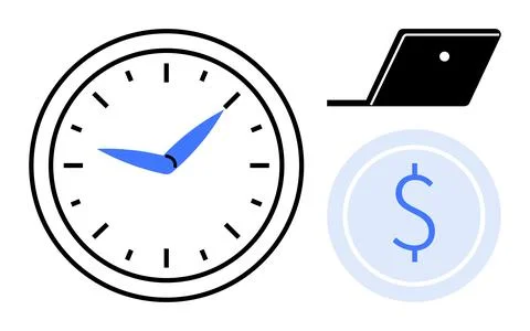 Time Management and Financial Efficiency with Technology Clock, Laptop, and.. Stock Illustration