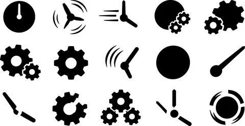 Time management and mechanical gears black icons for engineering production.. Stock Illustration
