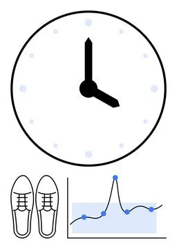 Time Management and Progress Clock, Shoes, and Data Graph Representation 스톡 일러스트