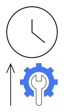 Time management and progress concept with clock, upward arrow, gear, and wren Illustrazione stock
