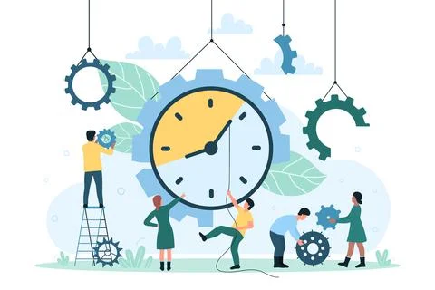 Time management and tiny group of office workers working with mechanism and Stock Illustration