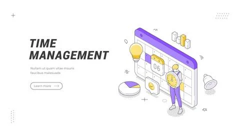 Time Management banner template. Isometric illustration of a person holding a Stock Illustration