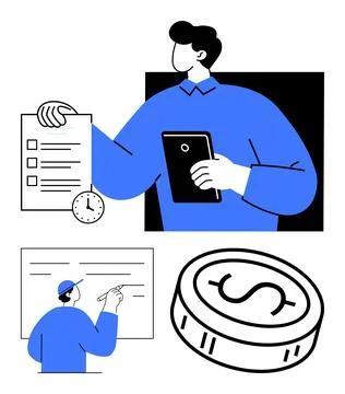 Time Management with Checklist, Data Analysis, and Budget Planning for Effi.. Illustrazione stock