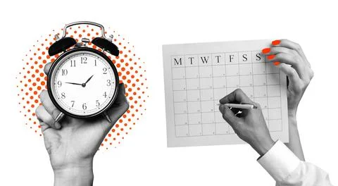 Time management with a clock and calendar on a white background Stock Photos