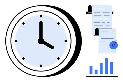 Time Management with Clock, Document, and Graph Elements in Modern Style Stock Illustration