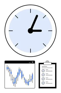 Time management with clock, progress chart, and checklist for effective bus.. Stock Illustration