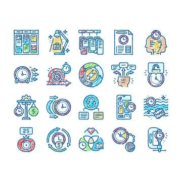 Time management clock work icons hand drawn Stock Illustration
