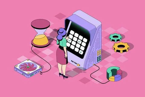 Time management concept in 3d isometric design. Woman planning tasks and work イラスト素材