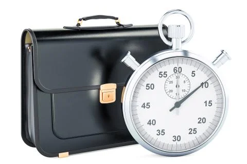 Time management concept, briefcase with chronometer. 3D rendering Illustrazione stock