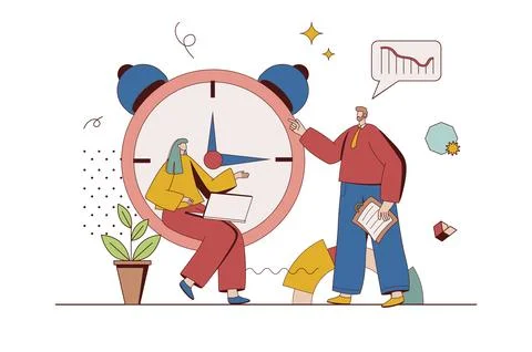 Time management concept with character situation in flat design. Man and wo.. Stock Illustration
