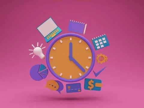 Time management concept with clock and pie graph, laptop, calendar, notepad Stock Illustration