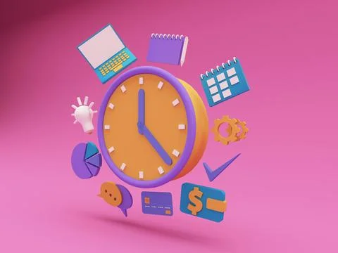 Time management concept with clock and pie graph, laptop, calendar, notepad Stock Illustration
