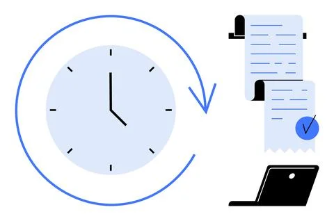 Time Management Concept with Clock, Receipts and Laptop for Efficient Task .. Stock Illustration