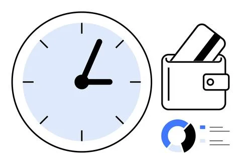 Time Management Concept with Clock, Wallet and Cards, and Data Chart Elements イラスト素材