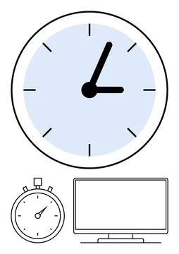 Time Management Concept Featuring Clock, Stopwatch, and Computer Monitor in.. イラスト素材