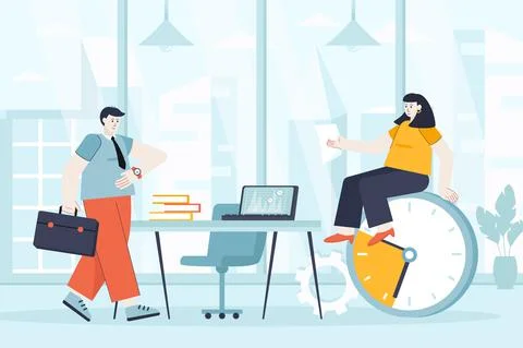Time management concept in flat design. Colleagues work in office scene Illustrazione stock