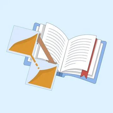 Time management concept. Hourglass with open book. Reading time and patience. Stock Illustration