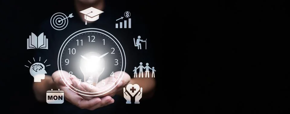 Time management concept. Man with clock, lightbulb, and time managing icons.. Stock Photos
