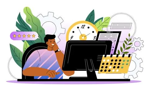 Time management concept. Man sitting at computer near clock. Organizing Stock Illustration