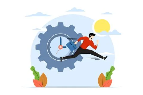 Time management concept, office worker character running with clock and gears. Stock Illustration
