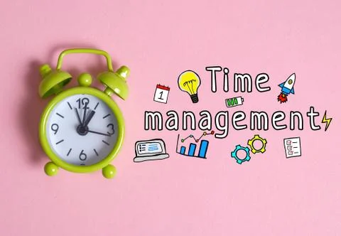 Time management concept - round clock on a pink background with the inscripti Stock Photos