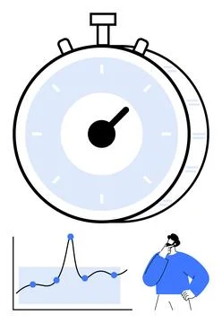 Time Management Concept with Stopwatch, Graph, and Contemplative Character Illustrazione stock