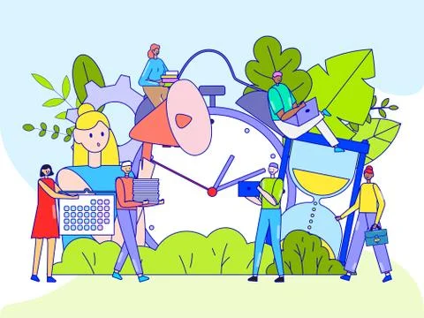 Time management concept, tiny people cartoon characters, business planning Stock Illustration