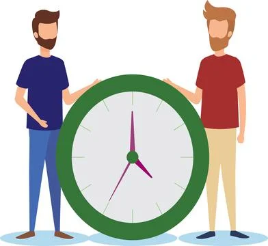 Time management concept with two men holding large clock teamwork . Illustrazione stock