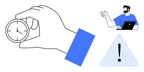 Time Management Concepts with Hand Holding Clock, Man Pointing, and Alert S.. Stock Illustration