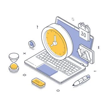 Time management deadline clock countdown laptop concept isometric line vector Stock Illustration