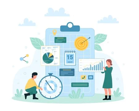 Time management with digital schedule, tiny people plan, control daily tasks Stock Illustration