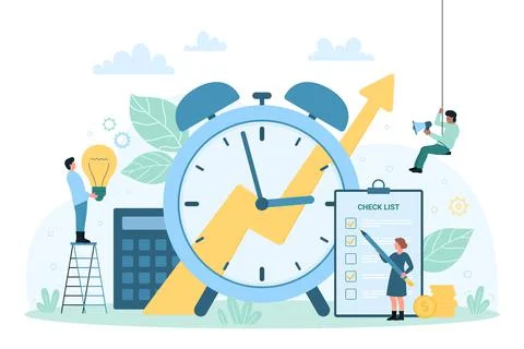 Time management discipline, tiny people holding light bulb, pencil to check Stock Illustration