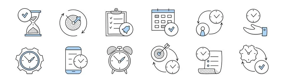 Time management doodle icons with clock and gear Stock Illustration
