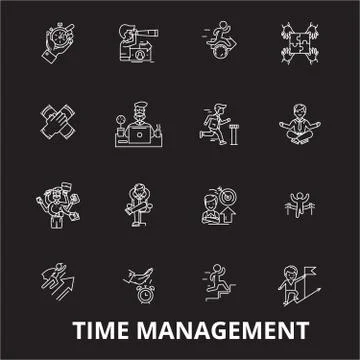 Time management editable line icons vector set on black background. Time Illustrazione stock