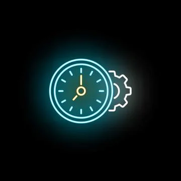 Time management efficiency concept with neon clock and gear icon Stock Illustration