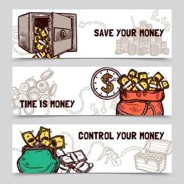 Time management financial banners set doodle Stock Illustration