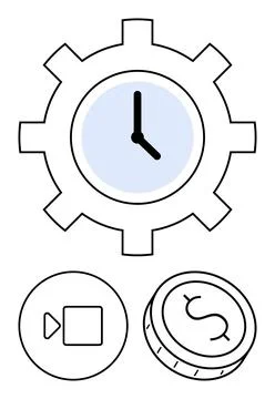 Time Management with Gear Clock, Video Play Button, and Dollar Coin Represe.. 스톡 일러스트